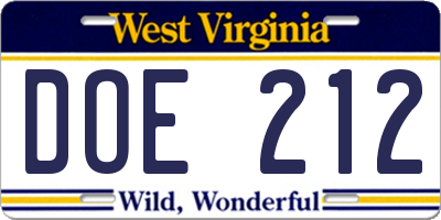 WV license plate DOE212