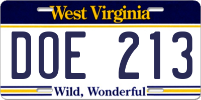 WV license plate DOE213
