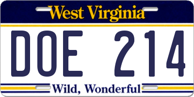 WV license plate DOE214