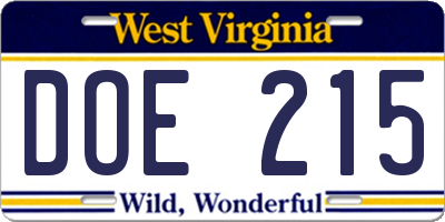 WV license plate DOE215