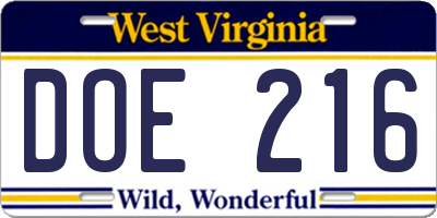 WV license plate DOE216