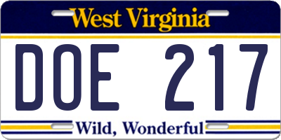WV license plate DOE217
