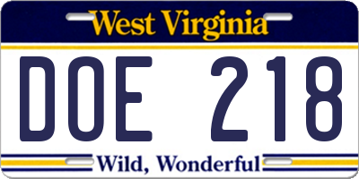 WV license plate DOE218