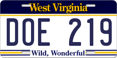 WV license plate DOE219