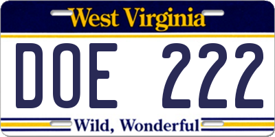 WV license plate DOE222