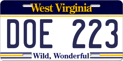 WV license plate DOE223