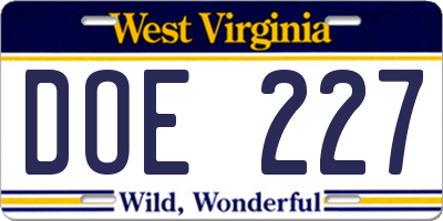 WV license plate DOE227
