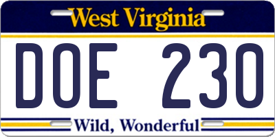 WV license plate DOE230