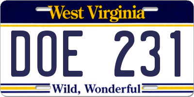 WV license plate DOE231