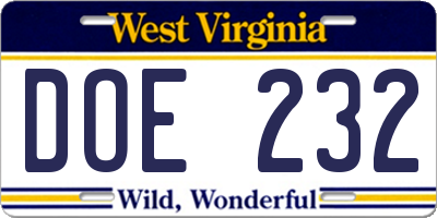 WV license plate DOE232