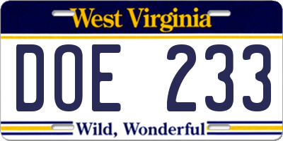 WV license plate DOE233