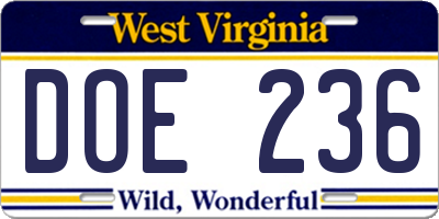 WV license plate DOE236