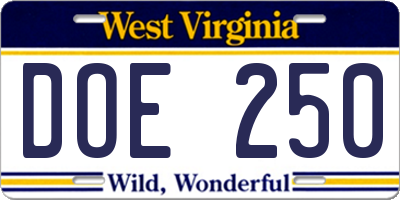 WV license plate DOE250