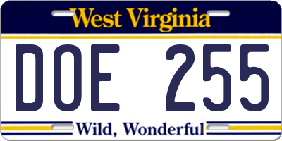 WV license plate DOE255