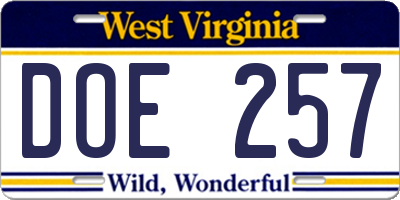 WV license plate DOE257