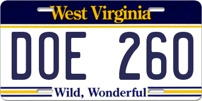WV license plate DOE260