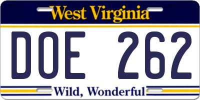 WV license plate DOE262