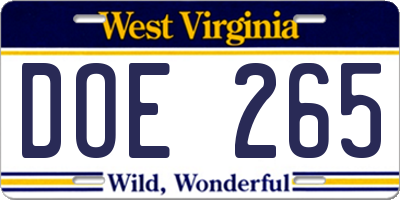 WV license plate DOE265