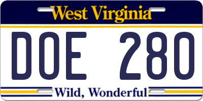 WV license plate DOE280