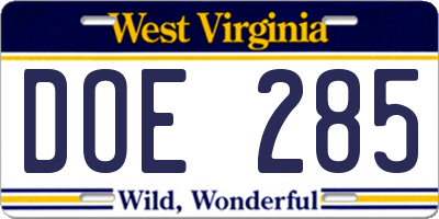 WV license plate DOE285