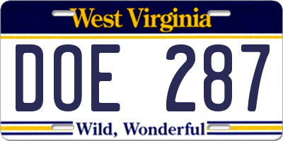 WV license plate DOE287