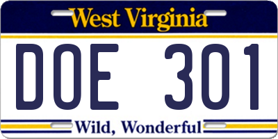 WV license plate DOE301