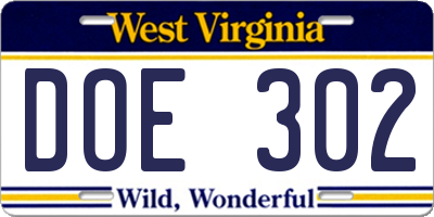 WV license plate DOE302