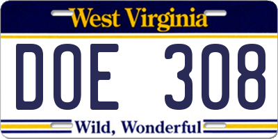 WV license plate DOE308