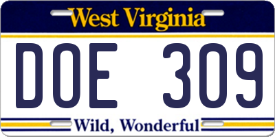 WV license plate DOE309