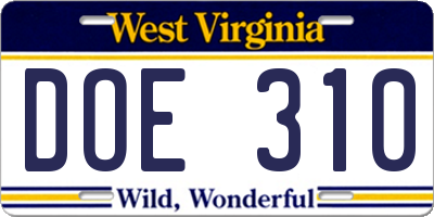 WV license plate DOE310