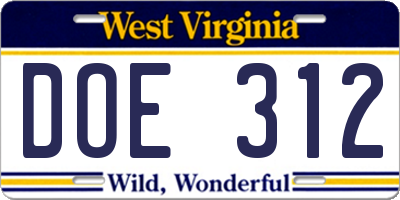 WV license plate DOE312