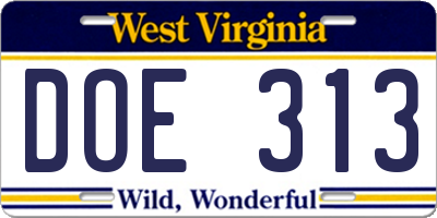 WV license plate DOE313