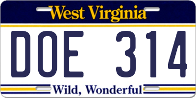 WV license plate DOE314