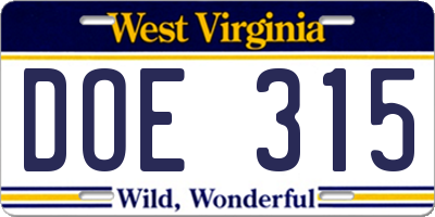 WV license plate DOE315