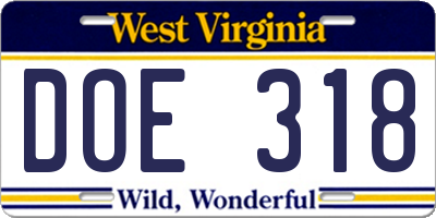 WV license plate DOE318