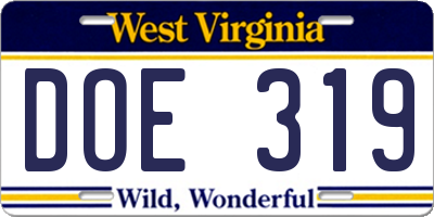 WV license plate DOE319