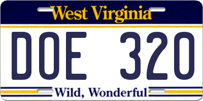 WV license plate DOE320