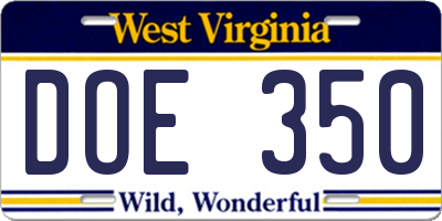 WV license plate DOE350