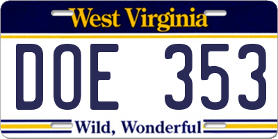 WV license plate DOE353