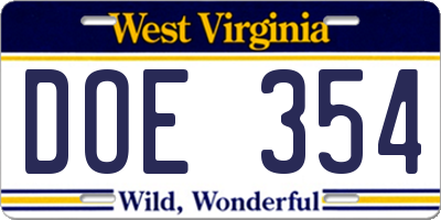 WV license plate DOE354