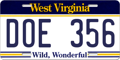 WV license plate DOE356