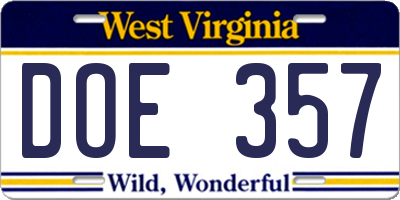 WV license plate DOE357