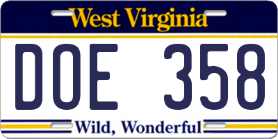 WV license plate DOE358