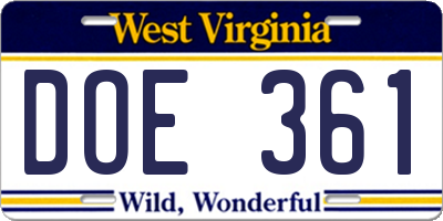 WV license plate DOE361