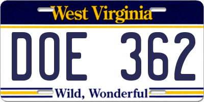 WV license plate DOE362