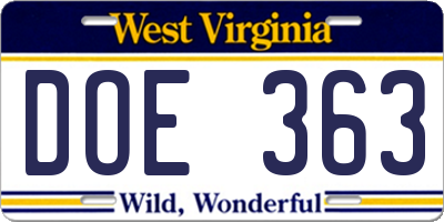WV license plate DOE363