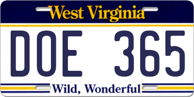 WV license plate DOE365