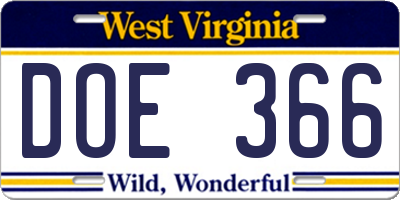 WV license plate DOE366