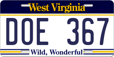 WV license plate DOE367