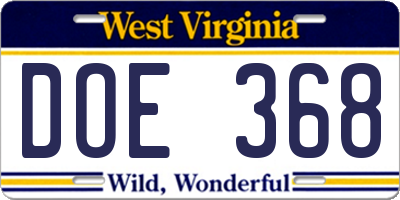 WV license plate DOE368